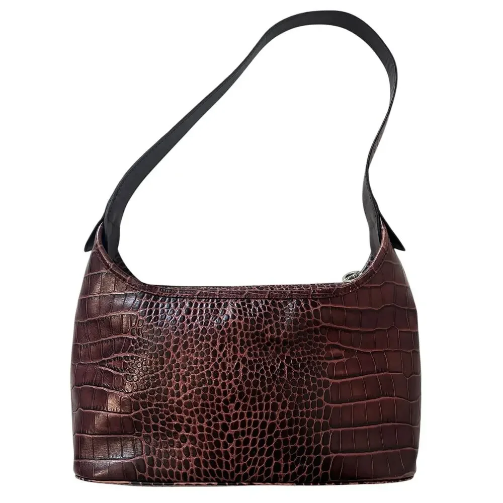 Longchamp Le Foulonné Vintage Burgundy Croc Embossed Leather Shoulder Bag Y2K